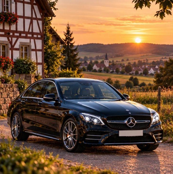 Mercedes C-Klasse fachwerkhof land sonnenuntergang – Flughafentransfer Frankfurt