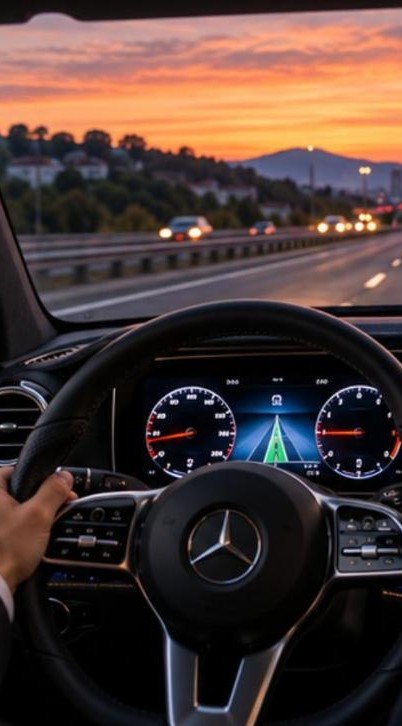 Cockpit mercedes autobahn abend – Flughafentransfer Frankfurt