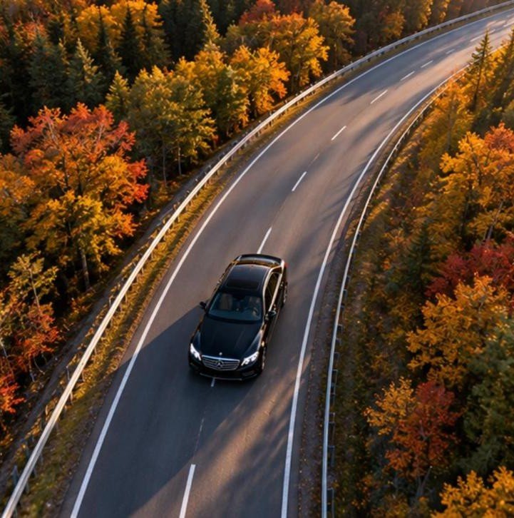 Mercedes E-Klasse drohne herbstwald strasse – Flughafentransfer Frankfurt