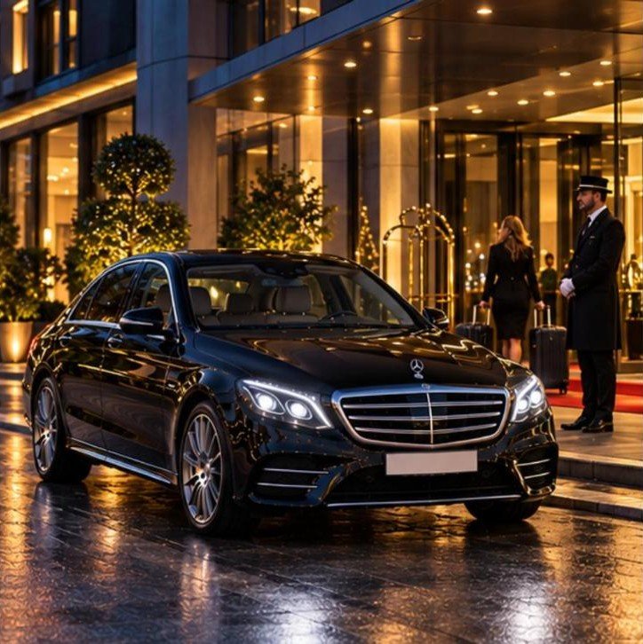 Mercedes E-Klasse hotel eingang nacht – Flughafentransfer Frankfurt