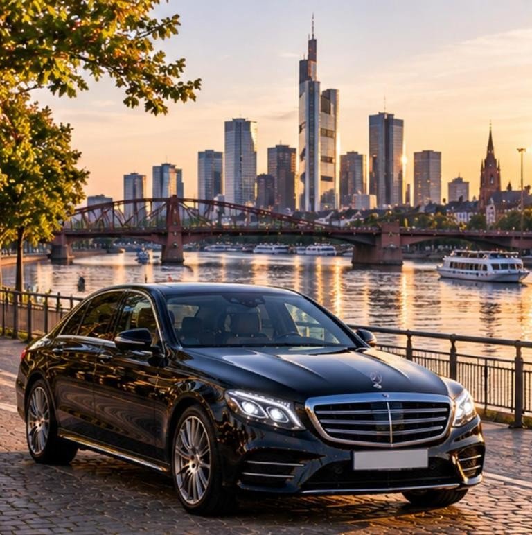 Mercedes E-Klasse mainufer skyline brücke – Flughafentransfer Frankfurt