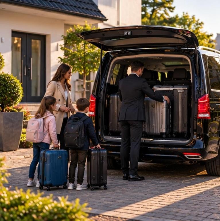 Familie Mercedes V-Klasse gepäck einladen – Flughafentransfer Frankfurt