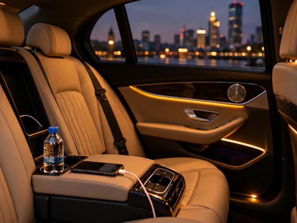 Fond Mercedes E-Klasse wasser ladekabel – Flughafentransfer Frankfurt