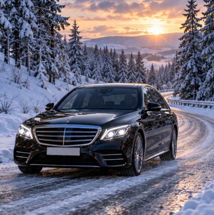 Mercedes winter schnee strasse – Flughafentransfer Frankfurt