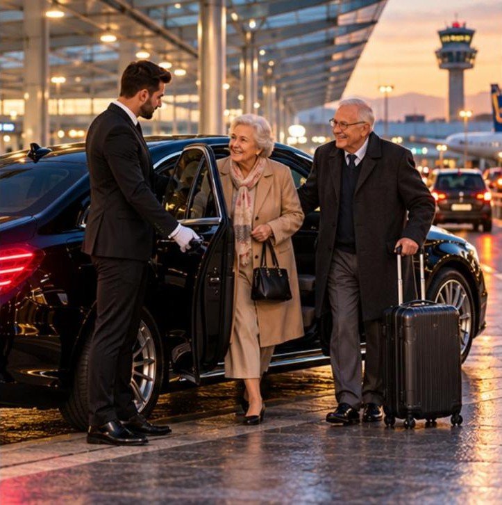 Senioren paar Mercedes E-Klasse flughafen – Flughafentransfer Frankfurt