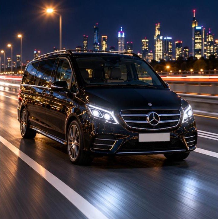 Mercedes V-Klasse nachtfahrt skyline – Flughafentransfer Frankfurt